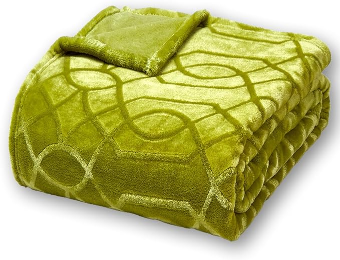 Soft Cozy Fleece Queen Size Blanket, 90x90 Inches – Lightweight Plush Blanket for Bed, Fuzzy 3D Jacquard Design - Olive Green