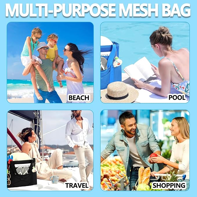 Fammart Mesh Beach Bag, Large Beach Tote with Zipper Pocket, Toys Pool Bag for Family Travel Vacation Cruise Essentials