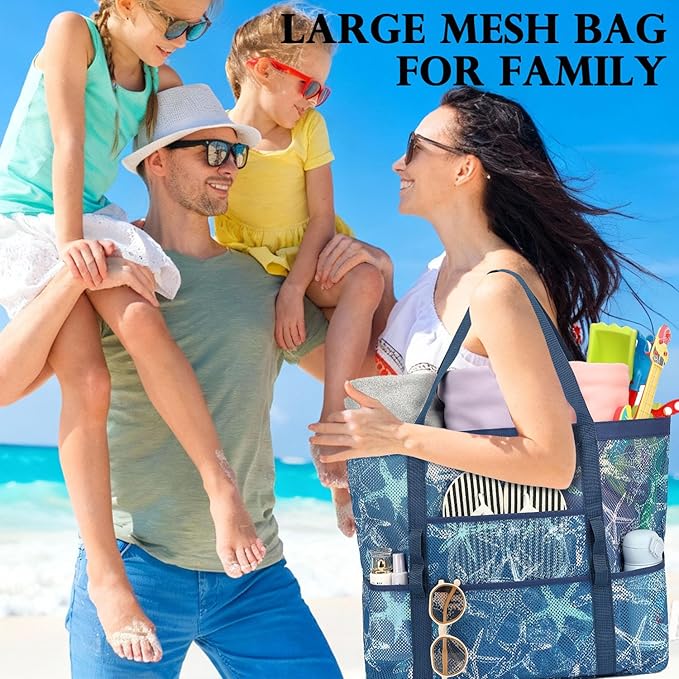 Fammart Mesh Beach Bag, Large Beach Tote with Zipper Pocket, Toys Pool Bag for Family Travel Vacation Cruise Essentials