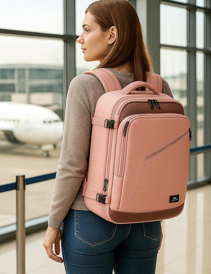 MATEIN Pink Travel Backpack for Women, 40L Water Resistant Carry on Backpack Flight Approved with Chest Strap, Large Travelling Bag for Womens, Cute Casual Daypack for Overnight, Outdoors