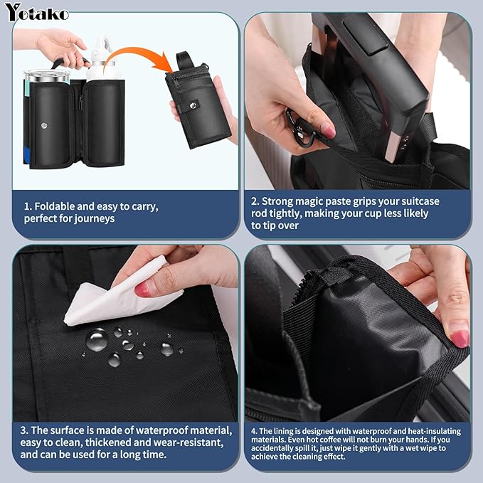 Yotako Suitcase Cup Holder, Portable Luggage Cup Holder for Suitcases, Foldable Travel Cup Holder with Handle and Hold Two Coffee Mugs&3 Zippered Pockets for Beverages Airport Travel Accessories