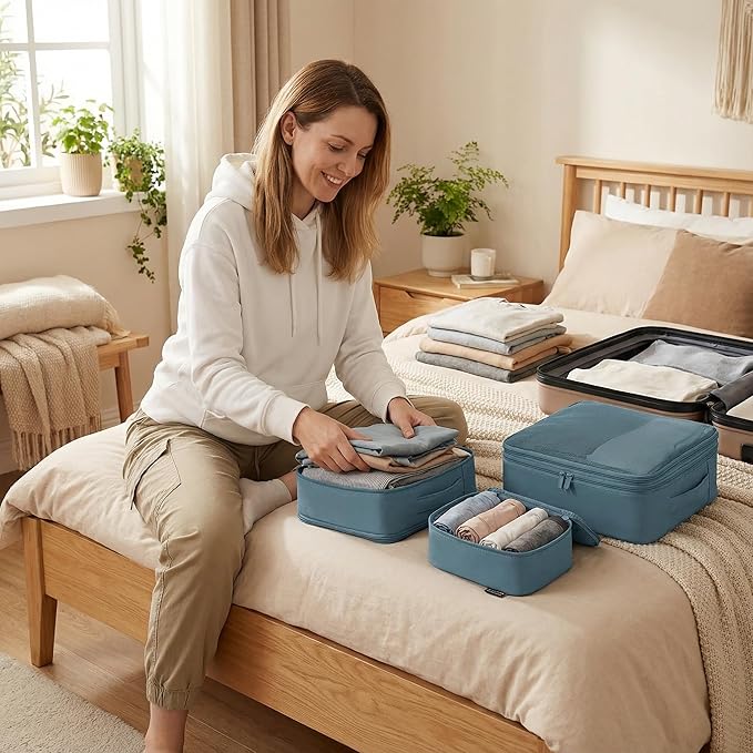 4 Piece Compression Packing Cubes for 3–7 Day Travel, Lightweight Travel Organizers with Breathable Mesh, Double-Zipper Packing Cubes for Carry-On & Suitcases (Gray Blue)