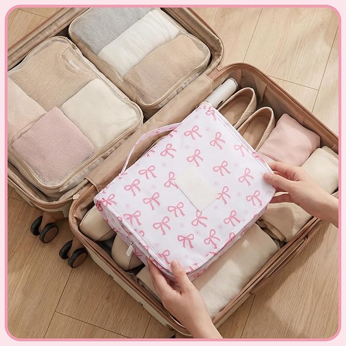 Pengxiaomei Hanging Toiletry Bag, Pink Bow Waterproof Cosmetic Bag Portable Makeup Pouch Wash Bag with Handle for Kids Teen Girls Tea Party Spring Party Mothers Day Gifts