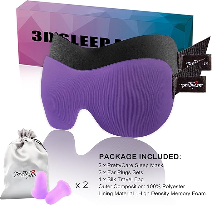 PrettyCare 3D Sleep Mask 2 Pack, Eye Mask for Side Sleeper - 3D Contoured Sleeping Mask Block Out Light for Men Women- No Eye Pressuer Night Masks with Ear Plugs & Travel Bag (Black&Purple)