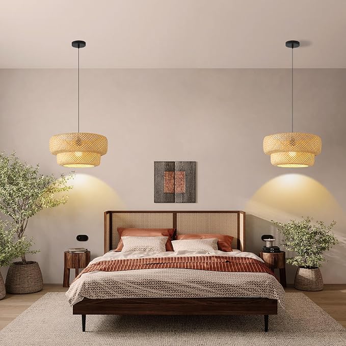 Bamboo Pendant Light,17.7" Rattan Chadelier | Hand-Woven Bamboo Rattan Chandelier Shade for Dining Living Bedroom Kitchen Farmhouse 1-Pack
