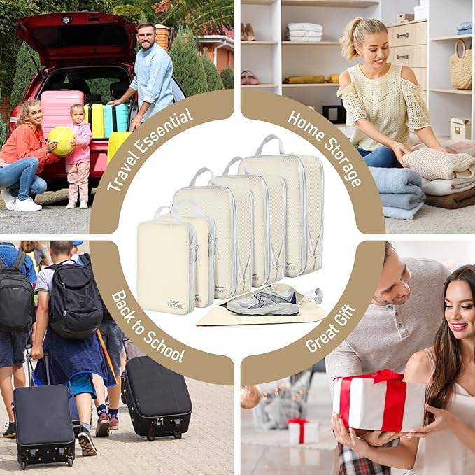 6 Set Compression Packing Cubes, Suitcase Organizer, Lightweight Travel Essentials, Compression Bags For Travel Accessories Luggage Storage Set (6Pcs, Beige)