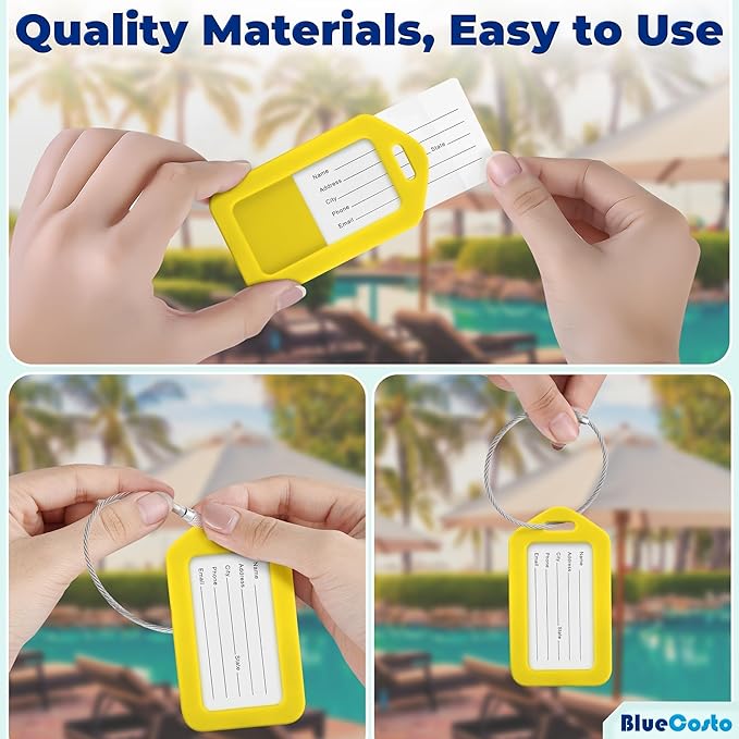 BlueCosto - Luggage Tags - Yellow, 10 Pack - Suitcase Tags with Name ID Card & Heavy-Duty Metal Wire Loops - Bright Colored PVC Identifiers for Travel Baggage - Backpack Name Labels