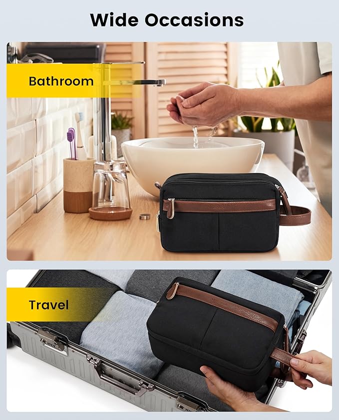 Vorspack Canvas Toiletry Bag for Men - Water Resistant Travel Bag for Toiletries, Bathroom Essentials, Accessories - Black