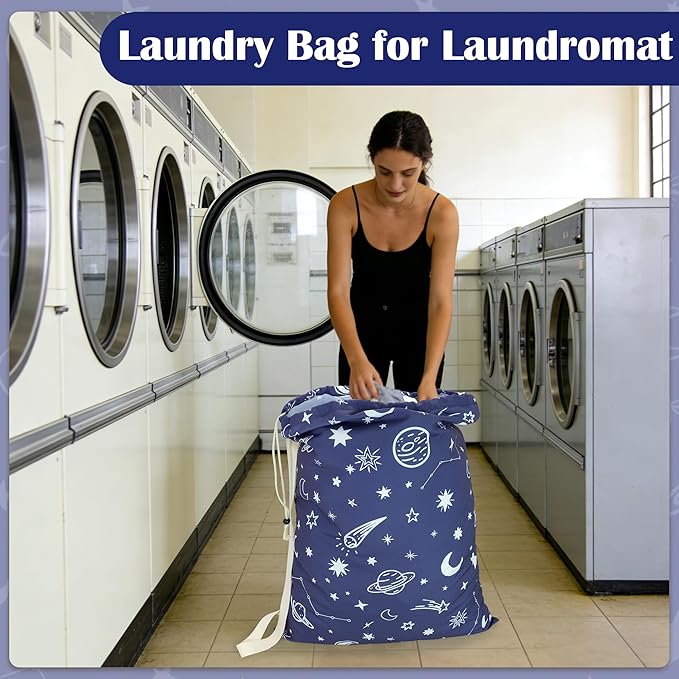 Canvas Laundry Bag with shoulder Strap 24"W x 29"H, Large Drawstring Dirty Clothes Bag Washable Laundry Sack for College Dorm, Travel, Home, Camp (Space)