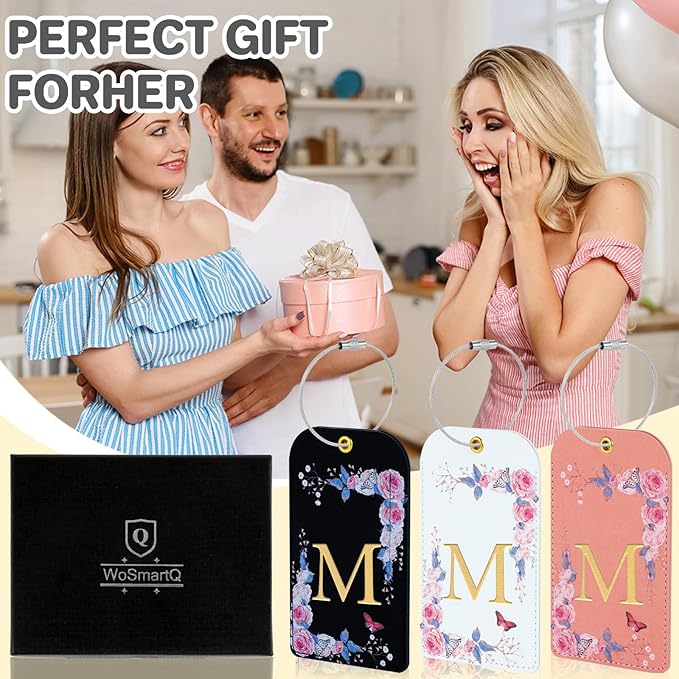 3 Pack Luxury Floral Luggage Tags, Durable PU Leather Suitcase Tags with Stainless Steel Cable Strap, Hidden ID Slot for Privacy Protection, Easy to Identify Waterproof Travel Accessories Gift (M)