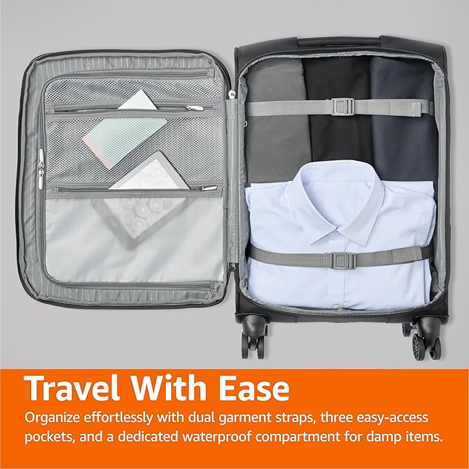 Amazon Basics 17" Carry-On Softside Luggage Suitcase with TSA Lock, 8 Spinner Wheels, Front Exterior Pocket, 3 Interior Pockets, Sturdy Telescoping Handle, Black