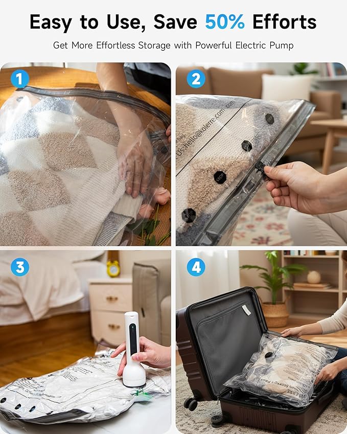 12 Pack Travel Vacuum Bags with Cordless Electric Pump, 4 Sizes Space Saver Vacuum Storage Bags for Luggage and Suitcase,Compression Bags for Packing, Vacuum Seal Bags for Clothing Travel