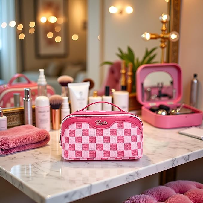 BOYATU Travel Makeup Bag for Women: Large Cosmetic Bag Set of 3 - PU Leather Make up Bag with Compartments - Compact Waterproof Toiletry Bag with Divider & Handle (D-4-Red)