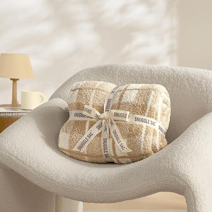 Snuggle Sac Buffalo Plaid Bedding Blanket Twin Size, Super Soft Cozy Warm Knit Decorative Blankets, Reversible Plaid Fluffy Throws for Bed, Beige Plaid, 60x80 Inches