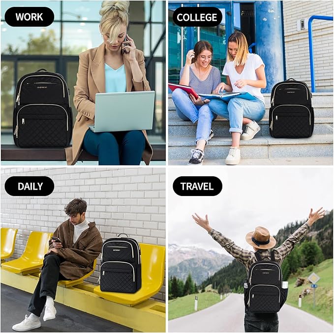 EMPSIGN Laptop Backpack Purse for Women and Men with USB Charging Port, 15.6 Inch Travel Water Resistant Quilted Backpack, High-Capacity 30L Work Business Computer Backpack, Black