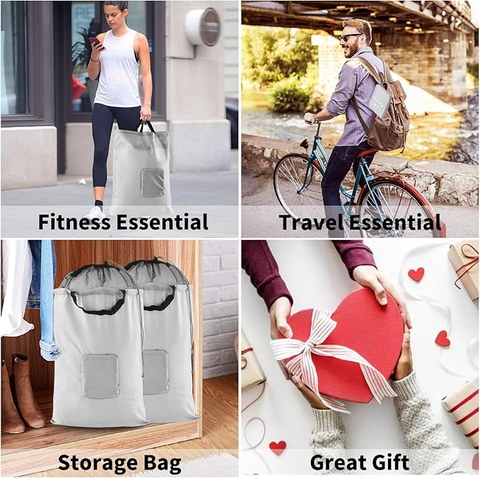 Travel Laundry Bag, JHX Foldable Dirty Clothes Bags 【Upgraded】 with Fixed Drawstring Net, Handles and Carabiner, Portable Laundry Bags for Travel, Fitness, and Students (1Pcs Grey) 30"H x 21"W