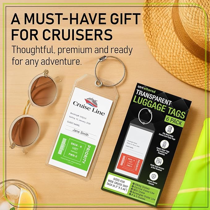 Untethered Cruise Luggage Tag Holders (6 Pack, Wide) | Clear Luggage Tags for Cruise Ships | Durable PVC Travel Bag ID Tags (6.3" x 3.5")