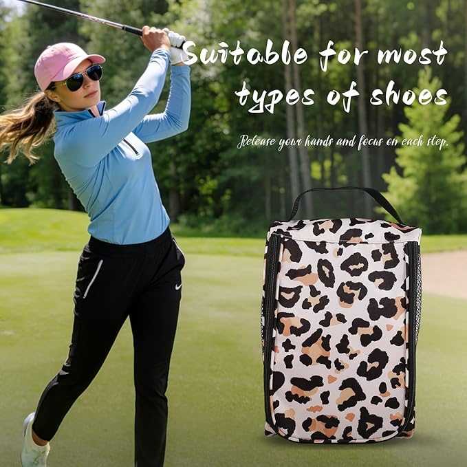 Golf Shoe Bag, Outdoor Zipper Sports Shoe Strap Bag with Air Mesh Ventilation, Durable Waterproof Golf Shoe Carry Bags with Sturdy Handle for Gym, Soccer, Running & Suitcase Packing (Leopard Print)
