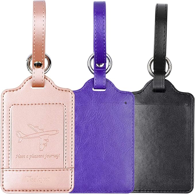Teskyer Luggage Tags, 3 Pack Premium PU Leather Luggage Tags Privacy Protection Travel Bag Labels Suitcase Tags