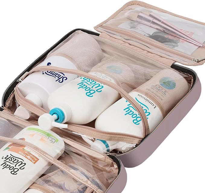 NISHEL Travel Toiletry Bag for women, Portable Hanging Organizer for Family-Sized Shampoo, Conditioner, Brushes Set, Makeup Accessories, Extra Large Size, Peach Pink