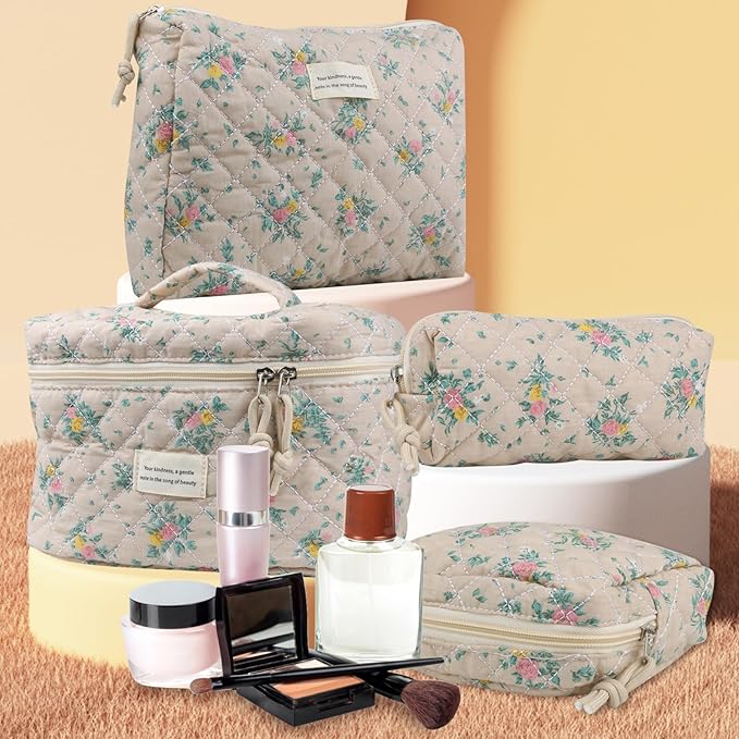 Cute Makeup Bag for Women(2 Pcs), Travel Cosmetic Bags, Quilted Coquette Aesthetic Floral Toiletry Organizer Bag (45 - Yellow Rose/4PCS)
