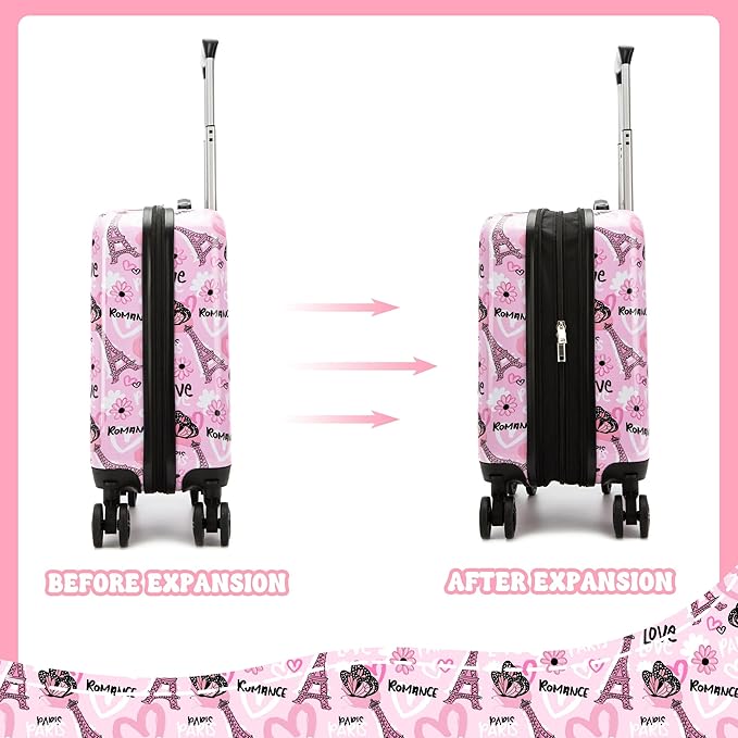 Kid's Luggage Set 5 Piece Suitcase Set 16" Hardside Luggage with Spinner Wheels Girls Carry on Toddler Travel Rolling Suitcase with Neck Pillow Airline Approved