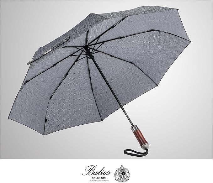 Balios (Designed in UK) Travel Umbrella Luxurious Golden Hardwood Handle Auto Open & Close Windproof Frame Single Canopy Automatic Folding Umbrella Men's & Ladies