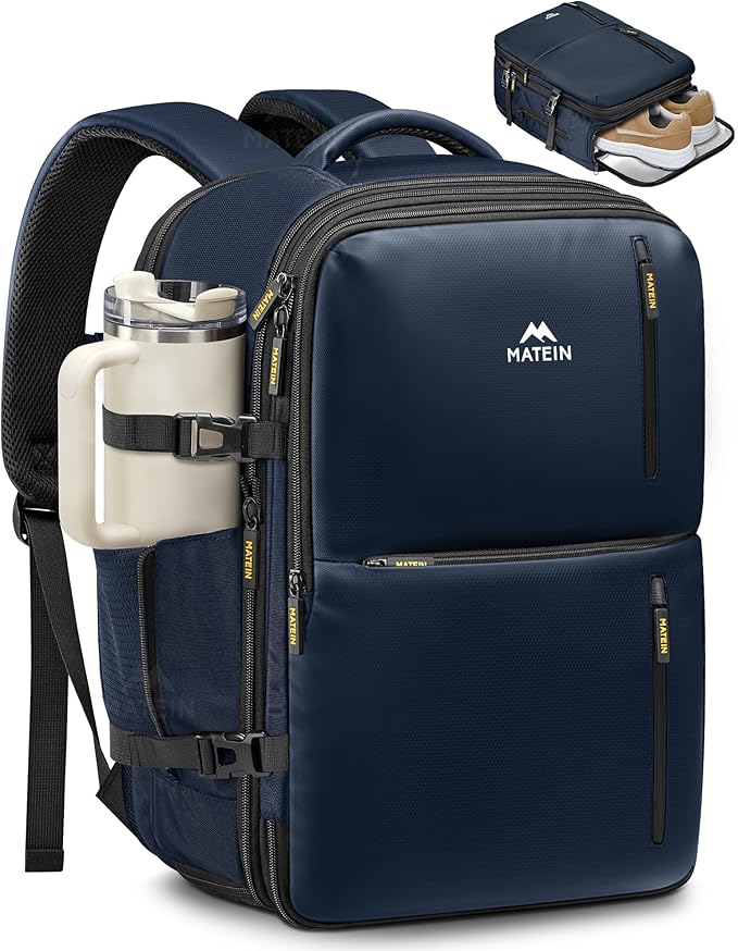 MATEIN Personal Item Backpack 18x14x8, Expandable TSA Approved Underseat Travel Backpack Fit 17.3 inch Laptop, Large Carry on Bag Luggage with Shoe Compartment Removable for Frontier Airlines, Blue
