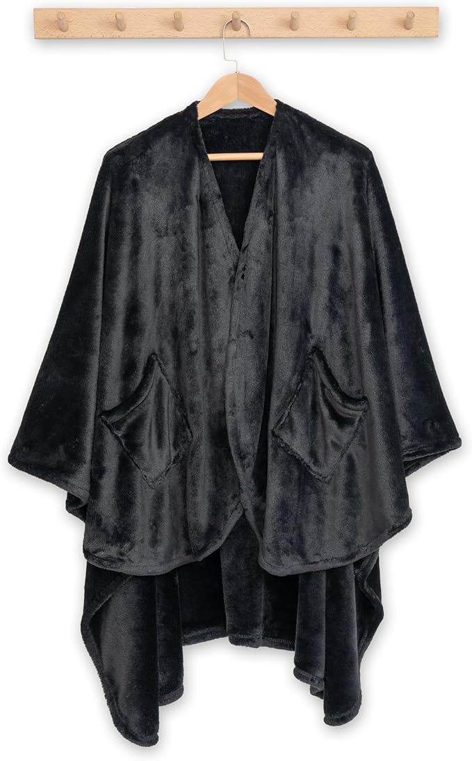 Berkshire Blanket Primalush™ Wearable Blanket, Cozy Loungewear Pocketed Plush Cape Wrap for Adults & Teens(Black, One Size 58"X64")