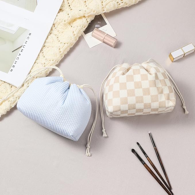 Cotton Quilted Drawstring Makeup Bag with Canvas Lining,Coquette Aesthetic Cute Travel Toiletry Bag,Drawstring Gift Bag for Women and Girls(19 Beige Checker)