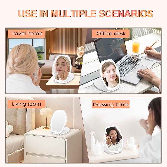 COSYGLOW Travel Makeup Mirror with Light: 3 Color Lighting Portable Mirror with Touch Screen Rechargeable Adjustable LED Lights Hexagon Vanity Mirror for Travel, Desk, Home (White)
