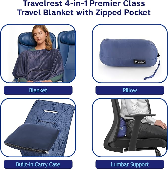 TRAVELREST 4-in-1 Travel Blanket – Wearable Blanket, Pillow & Body Wrap, Lightweight, Compact & Cozy with Carry Case, Travel Friendly, Comfort, Ideal for Airplanes, Long Flights, Road Trips - Blue