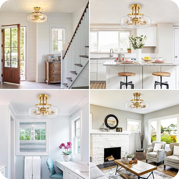 3-Light Semi Flush Mount Light Fixture, Modern Industrial Glass Ceiling Light with E26 Base, Metal Semi Flush Ceiling Light for Living Room Kitchen Bedroom Hallway Balcony, No Bulbs, Gold