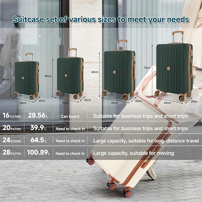 Hoteel 20Inch Luggage 3-piece Set, 360° Universal Suitcases with Wheels Hard Shell Suitcase with TSA Lock, Including Waterproof Luggage Bag, Travel Maletas for Men and Women,Dark Green
