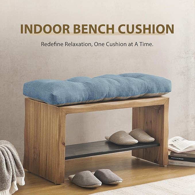 downluxe Indoor Bench Cushion for Indoor Furniture, Non-Slip Tufted Overstuffed Textured Foam Bench Seat Cushion, 36" X 14" X 4", Blue, 2 Pack