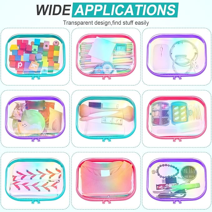Sanwuta 6 Pcs Clear Hard Zipper Case Plastic Zipper Pouches Transparent Makeup Bag Pencil Case Pouches Toiletry Diaper Bag for Travel Toy Storage Organizer Bins(Holographic,7.87 x 5.9 x 2 Inch)