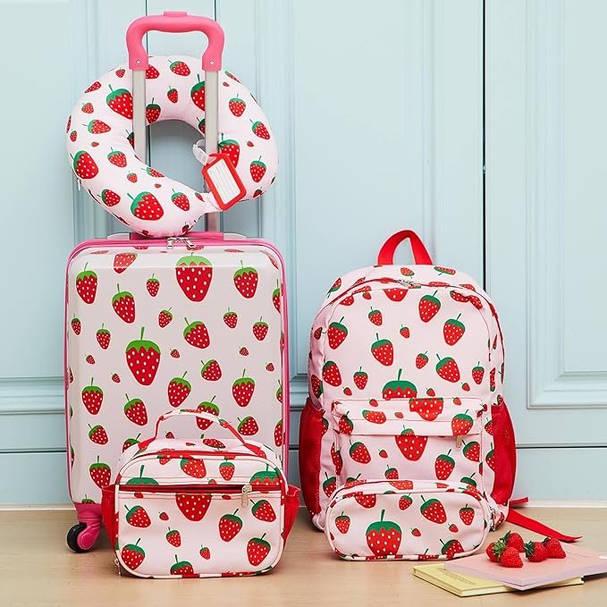 Redbaker 17 Inch 6 Pcs Kids Luggage Set Kids Rolling Luggage Double Pattern Suitcase for Boys Girls (Blush Pink, Strawberry Style)