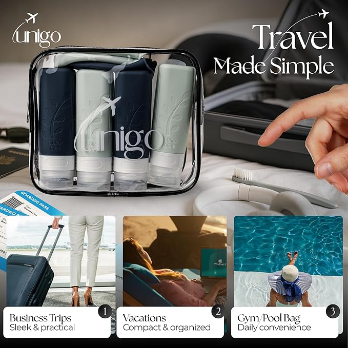 unigo Travel Bottles Set for Toiletries - Leakproof Refillable Travel Size Containers, TSA Approved Bottles with Labels, Brush & Covers for Carry-On Travel (White,Black)
