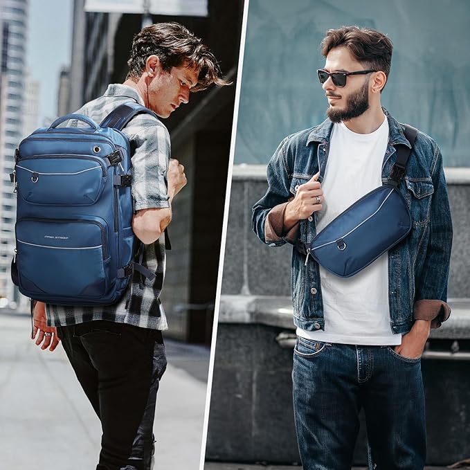 Maelstrom Travel Backpack for Men Women, 35L Carry on Backpack for Traveling on Airplane,with Belt Bag&Shoe Compartment,Waterproof Laptop Backpack fit 17”Laptop-Navy Blue, Large