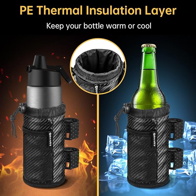 GEARV 2Pack Cup Holder for Bike, Scooter and Wheelchair, Water Bottle Holder for UTV/ATV, Walker, Golf Cart and Beach, Universal Drink Holder Accessories with Net Pocket and Cord Lock (Carbon Fiber)