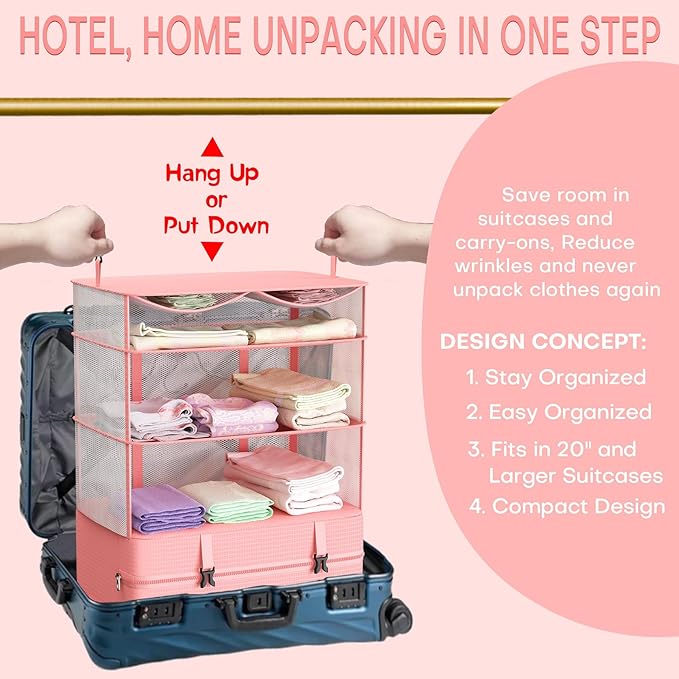 Compressible Packing Cubes Portable Hanging Closet Shelves 17"x12"x24" Extendable Travel Organizer Nylon Packing Bags for Suitcase