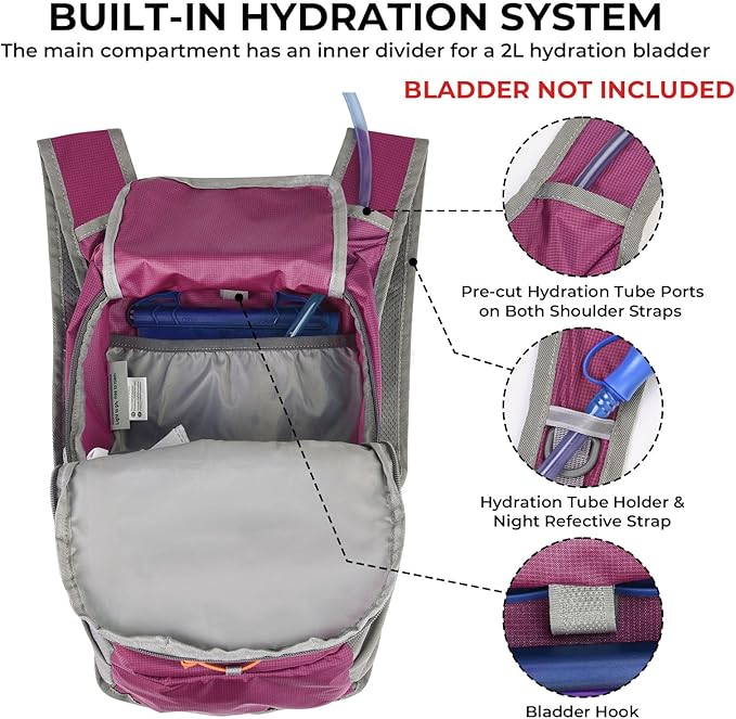 13L Small Hiking Backpack for Women Men, Lightweight Foldable Day pack, Packable Daypack for Travel, Camping (Burgundy)