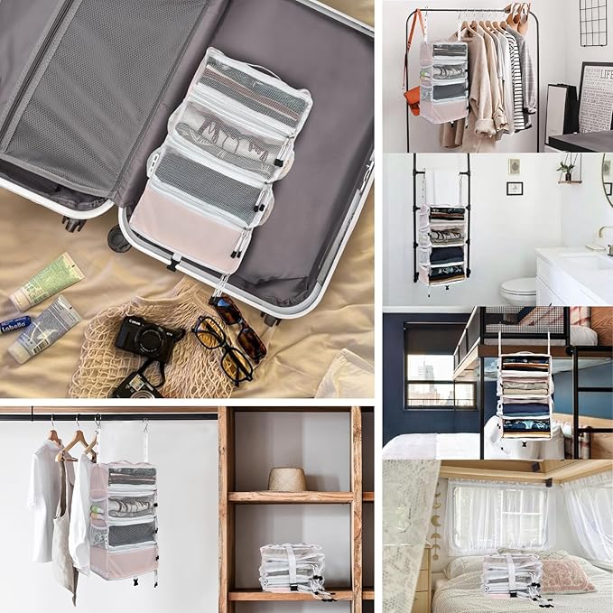 Surblue Travel Hanging Luggage Organizer Portable Suitcase Closet Organizer Multiple Compartments Collapsible Compression Packing Cubes Shelf, Pink, S