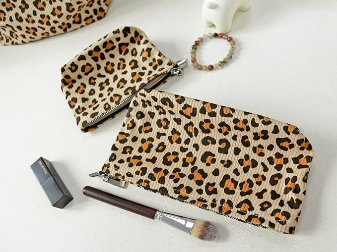 HAPPYHEIDI Leopard Corduroy Makeup Bag Cosmetic Toiletry Travel Pouch Car Organizer, 3-Size, Vintage Brown Coquette Cheetah