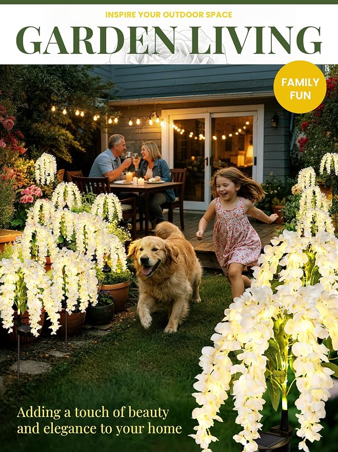 GIGALUMI 2 Pack Solar Wisteria Flowers Outdoor, 2 Modes, White | Flower Lights, IP65 Waterproof, Auto On/Off, Solar Powered, Garden Decor, for Pathway, Yard, Patio, Gardening Gifts for Women