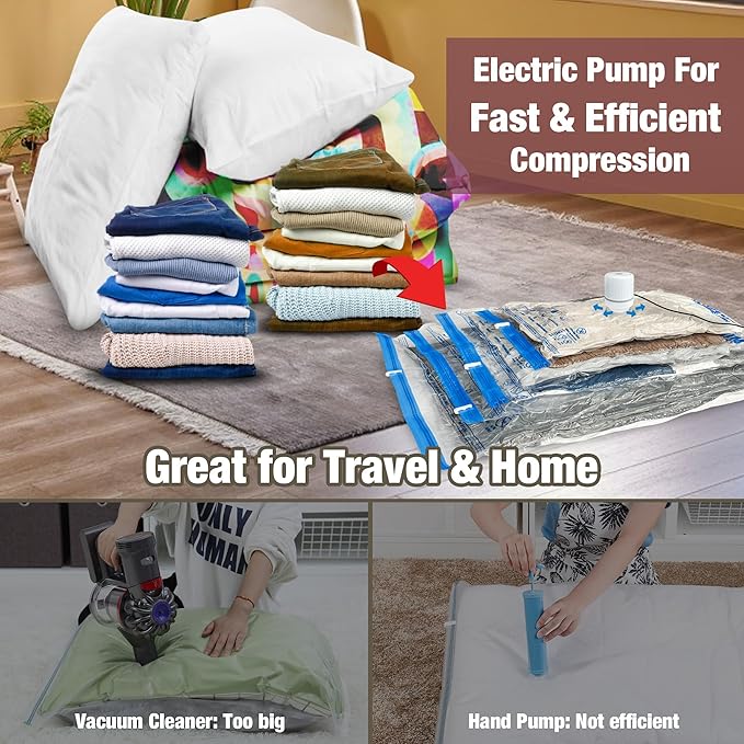 HIBAG Vacuum Storage Bags with Electric Pump, Vacuum Seal Bags for Clothing, Pillows, Blanket Bedding Comforters, 10 pack Jumbo