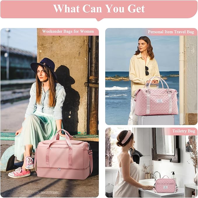 Extra Large Travel Duffle Bag,Carry-on Overnight Bag with Shoes Compartment,Weekender Bags for Women for Travel Business Trips Sport Hospital,3 Pcs Set,Pink