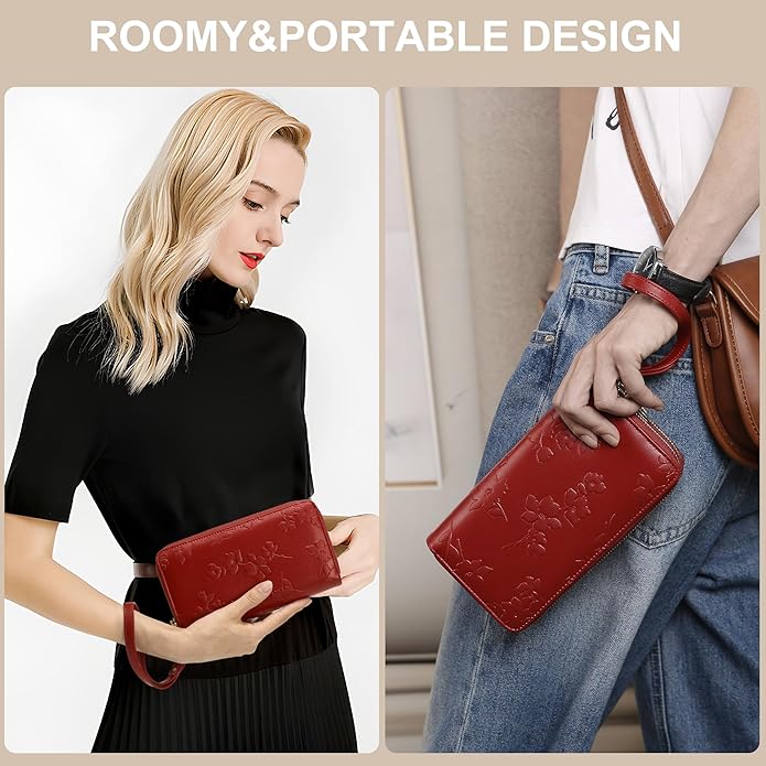 yiijay Womens Wallet RFID Blocking Large Capacity Vegan Leather Double Zip Wristlet Wallet Card Holder Travel Ladies Clutch