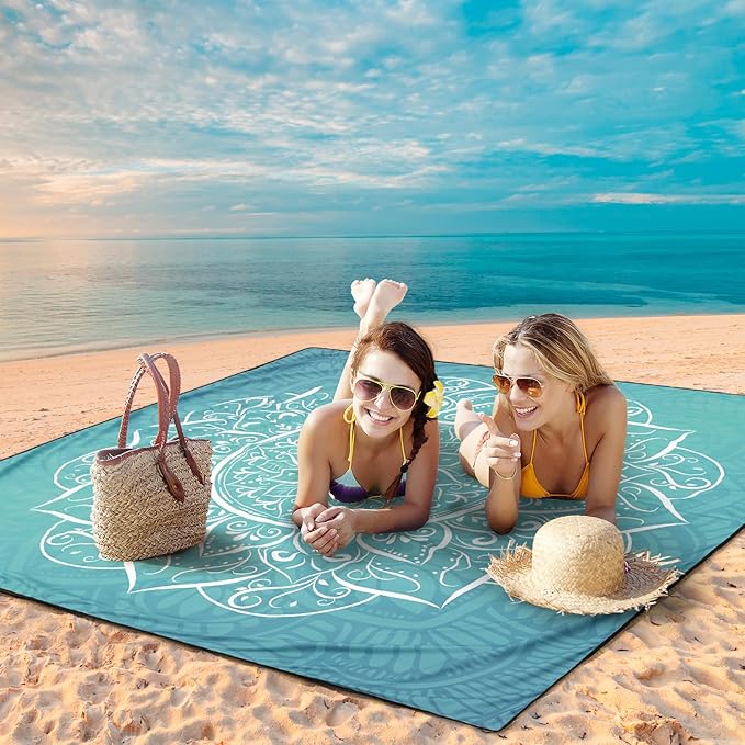 Beach Blanket Waterproof Sandproof Beach Mat for 1-8 Adults Quick Drying Durable Outdoor Picnic Mat for Beach Festival Travel Camping Hiking (Large Mandarin, 79"×83"(4 Person))