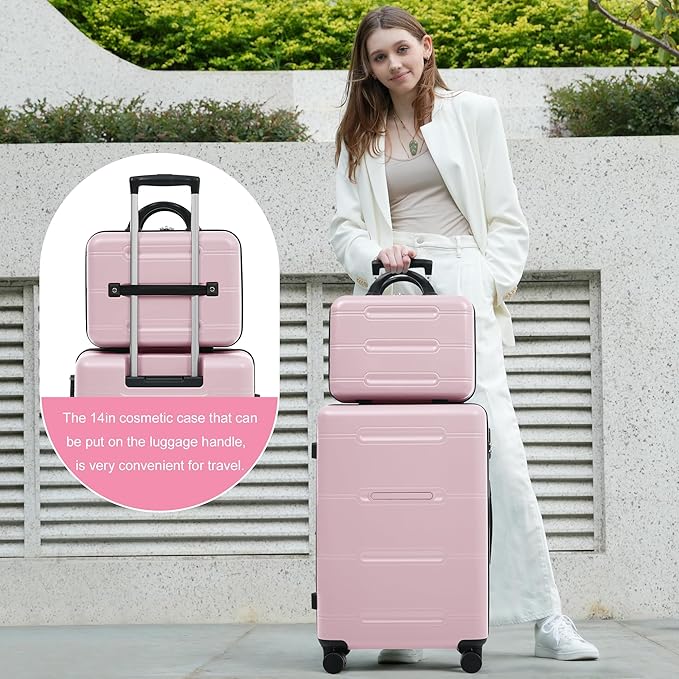 Merax Luggage Set 6 Piece,Lightweight Hardshell Suitcase with Double Spinner Wheels Handle Password Lock,14 IN Cosmetic Case 20/24/28 IN Luggages with Duffel Bag and Toiletry Bag,Pink